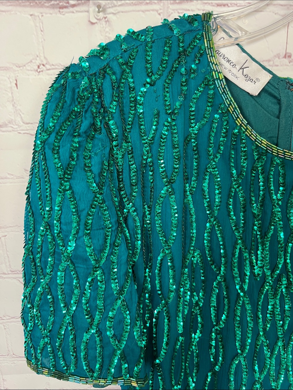 Laurence Kazar New York Emerald Green Silk Dress with Beading and Sequins - Picture 5 of 11